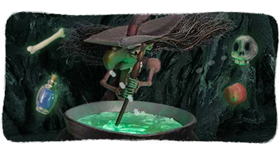 Google 10月31日はハッピーハロウィン！魔女が煮込む液体に2つのアイテムを入れると6つのミニゲームを楽しめるDoodleに！