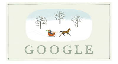 「Happy Holidays from Google!」クリスマスイヴの日にグーグルロゴが雪上を走るソリのイラストに！