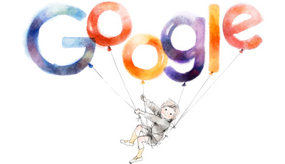 Google いわさきちひろさん生誕97周年で風船とまい上がる少年のロゴに！