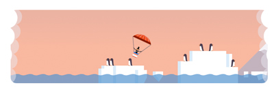 Google アンドレ＝ジャック・ガルヌランによる世界初のパラシュート降下216周年記念で、いろんな場所に降下するアニメーションロゴに！