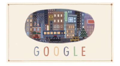 「Happy Holidays from Google!」グーグルロゴがクリスマスの夜の街を描いたイラストに！