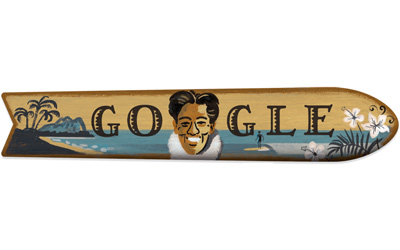Google 伝説のサーファーでスイマーの、デューク・カハナモク生誕125周年記念ロゴに！